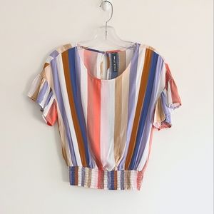 Design Lab Lord & Taylor Striped flutter sleeve smocked waist top